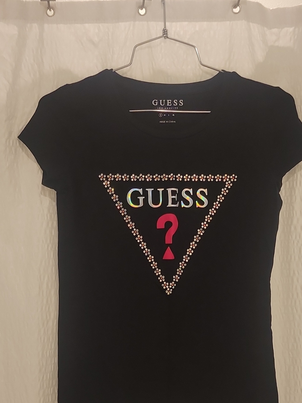 Guess Black Short-Sleeve Logo Tee with Holographic Accent and Pink Question Mark